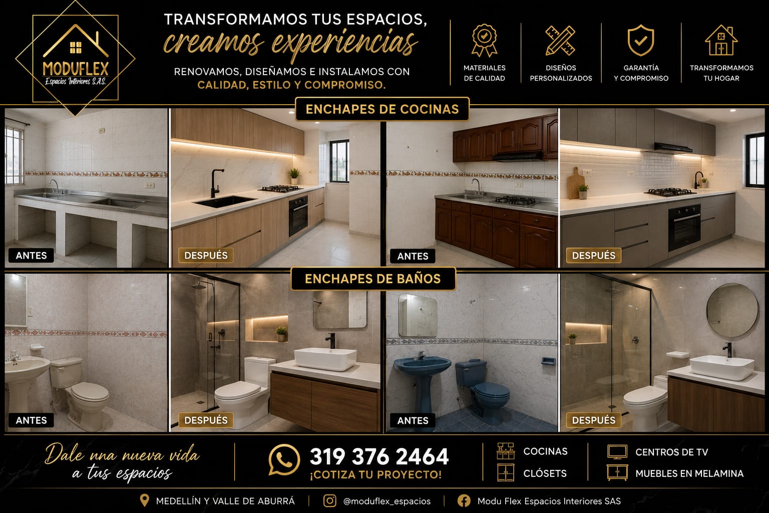 Proyectos de enchape para cocinas y baños realizados por Moduflex